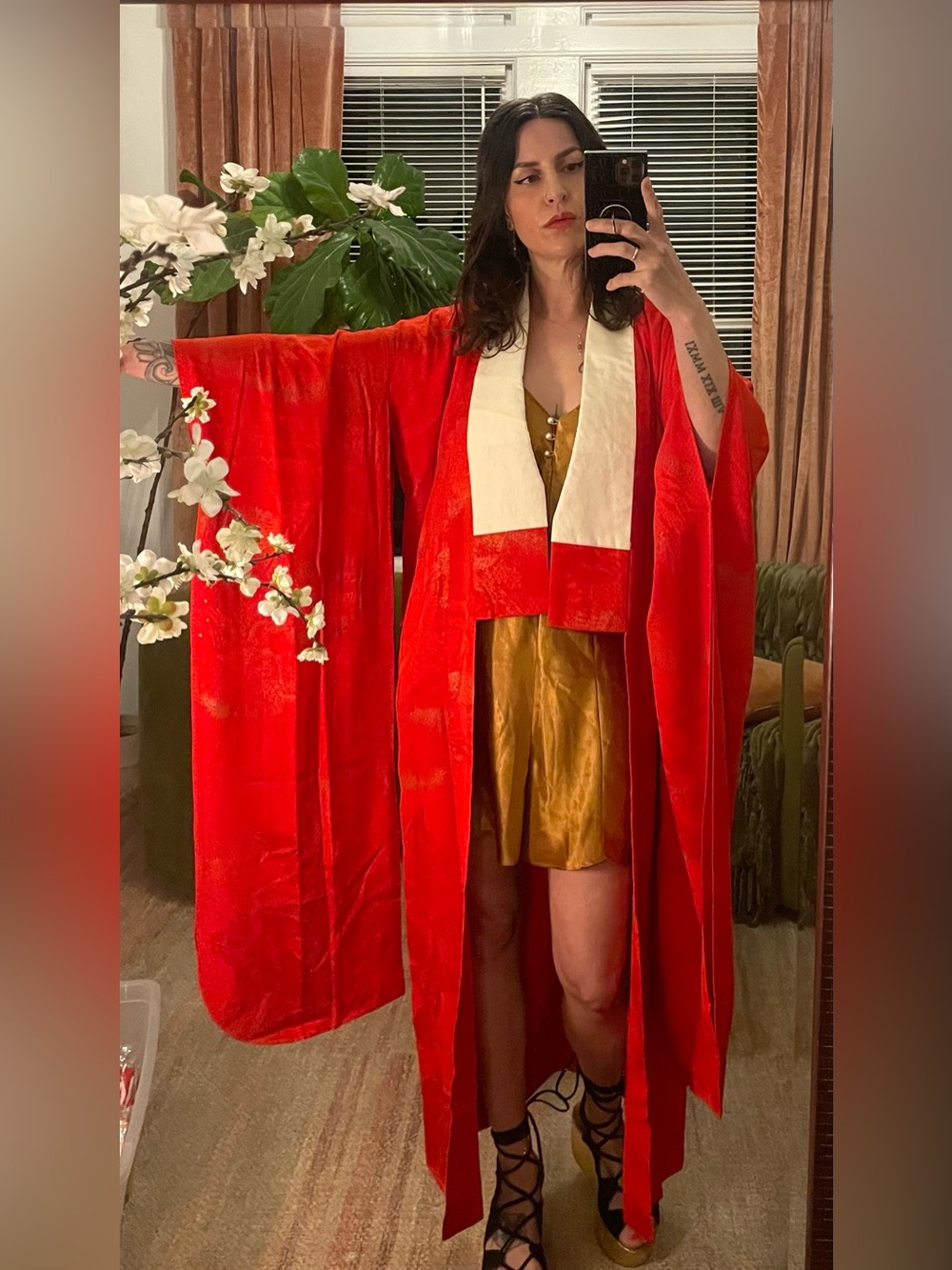 Vintage pre-war silk Japanese kimono furisode formal red cranes Rinzu gold leaf